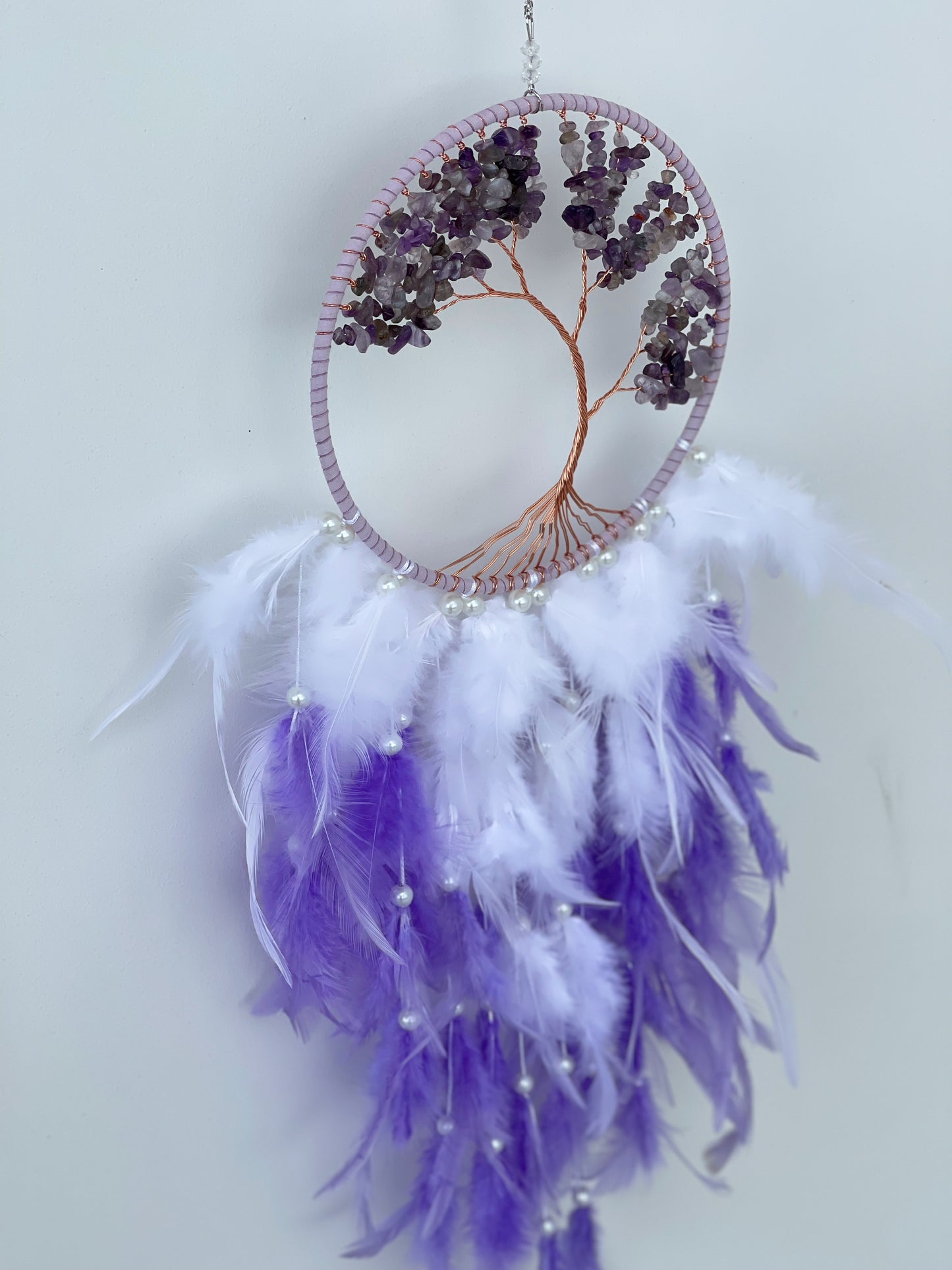 Amethyst chips white and purple dreamcatcher
