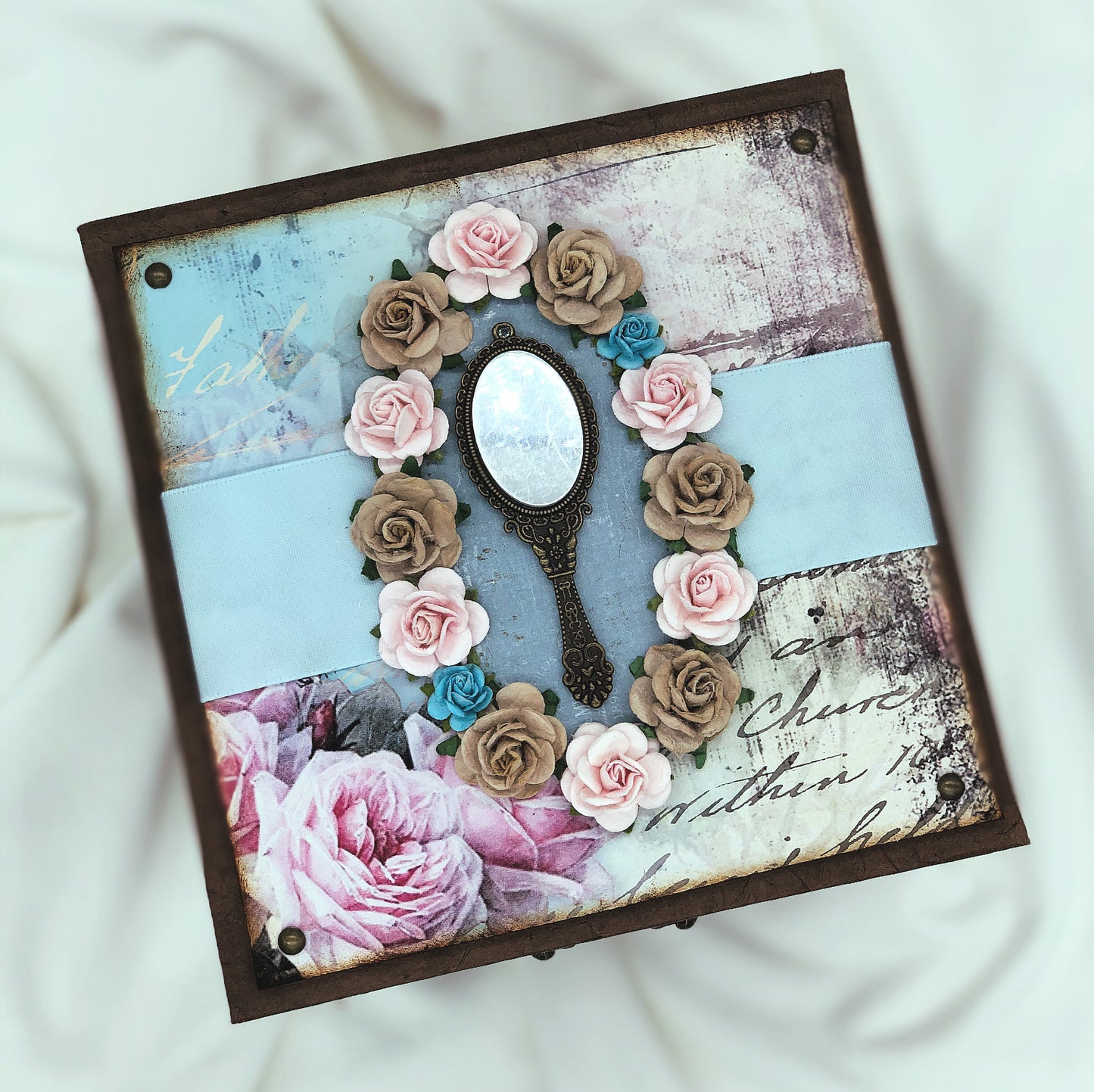 Shabby rose pink and teal jewellery box
