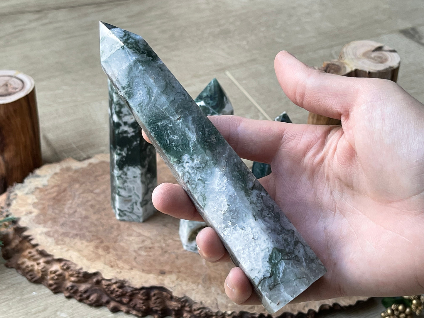 Moss agate large druzy towers