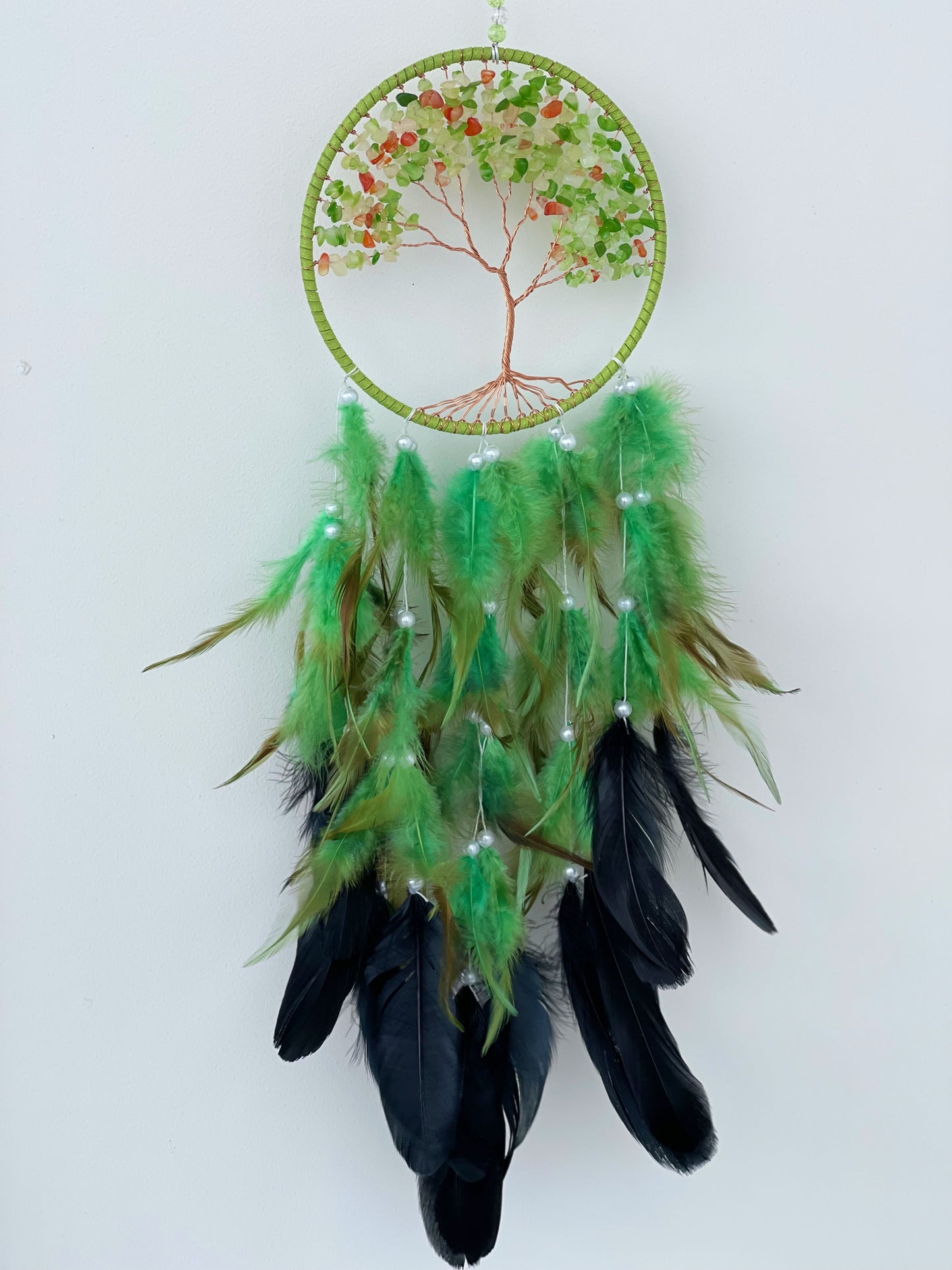 Green aventurine and carnelian chips green and black dreamcatcher