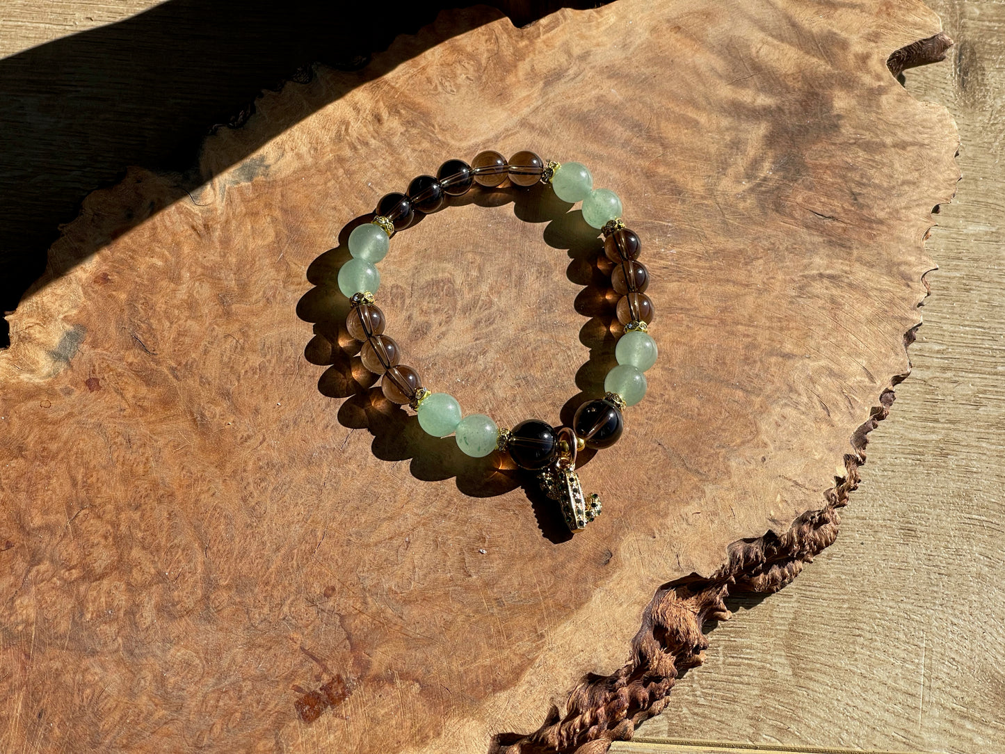 Green aventurine and smokey quartz cactus bracelet
