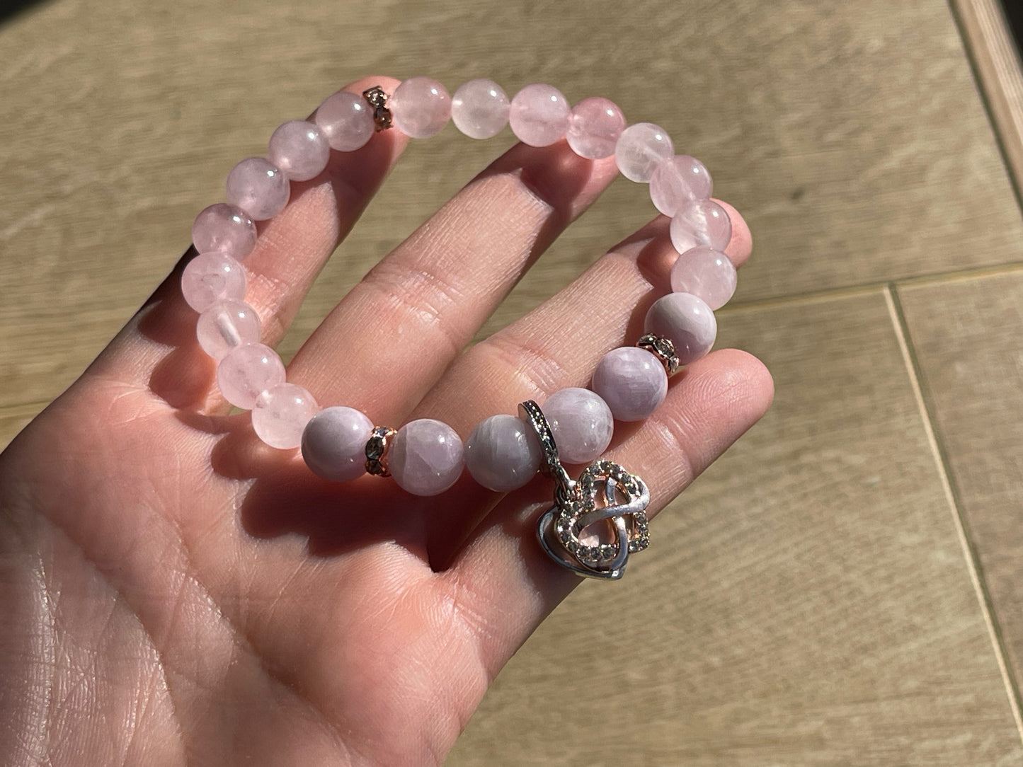 Kunzite and rose quartz loveheart bracelet