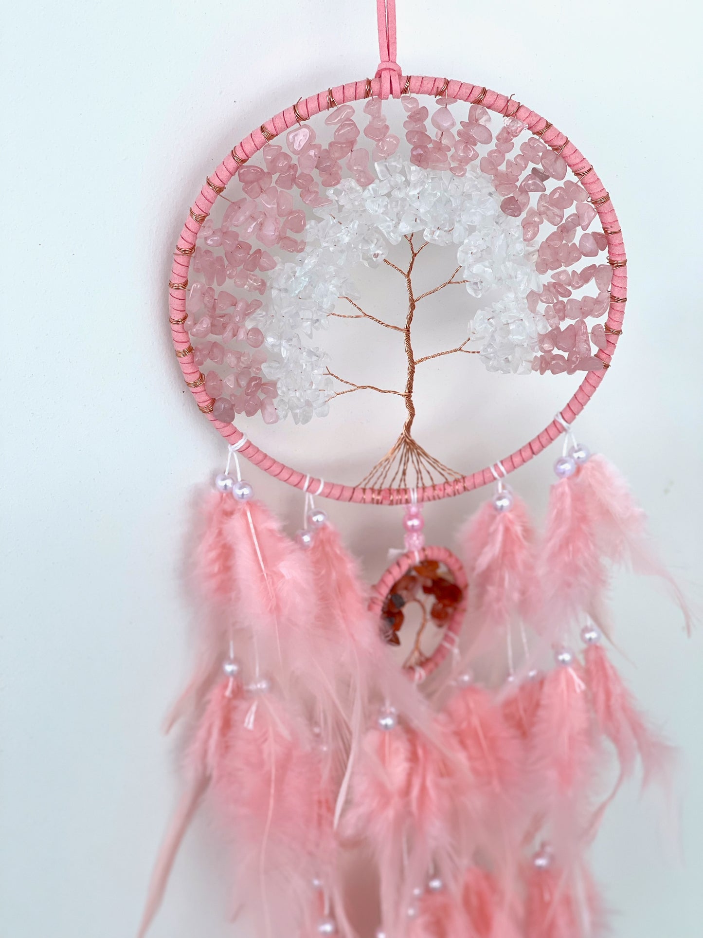 Rose quartz and clear quartz double tree carnelian pink dreamcatcher