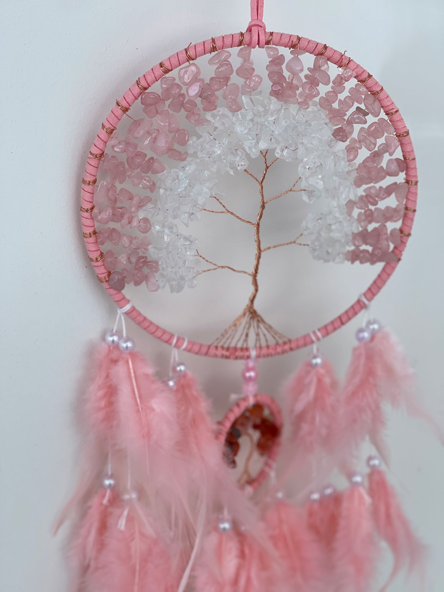 Rose quartz and clear quartz double tree carnelian pink dreamcatcher