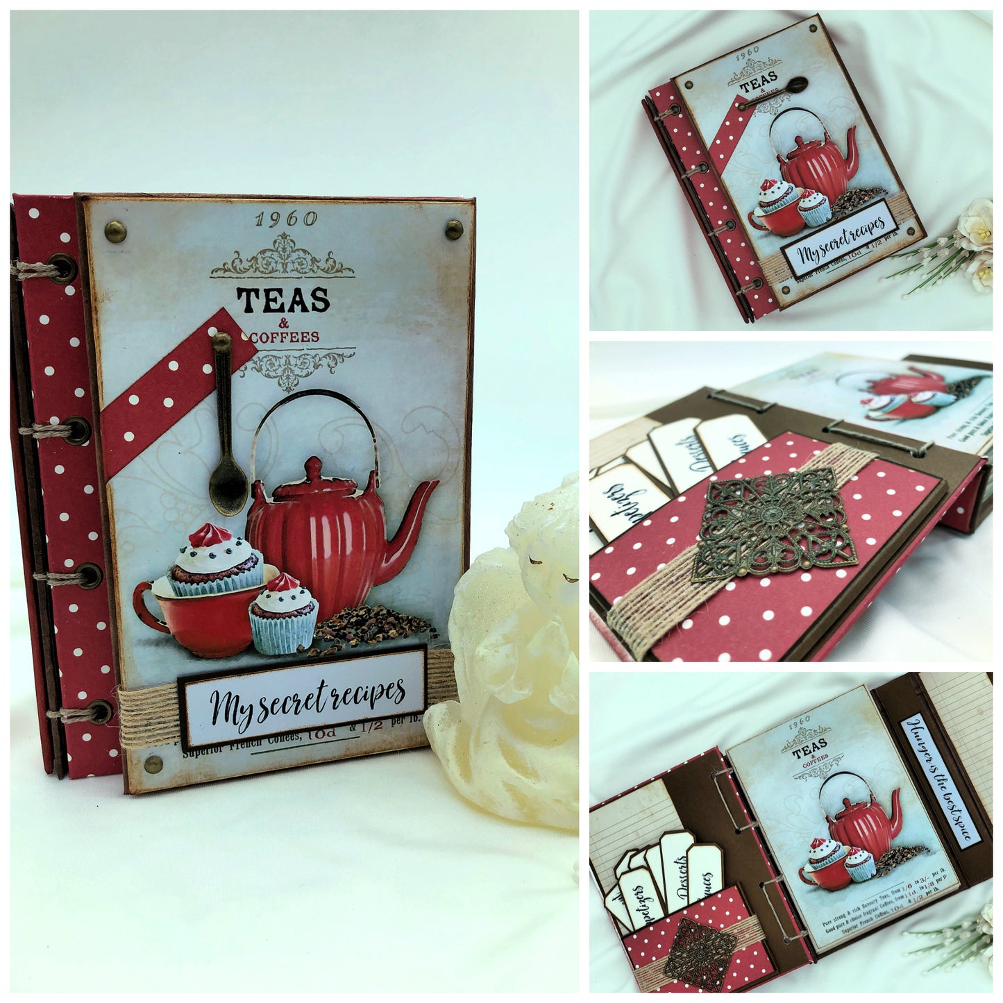 Recipe book with tea and cupcakes