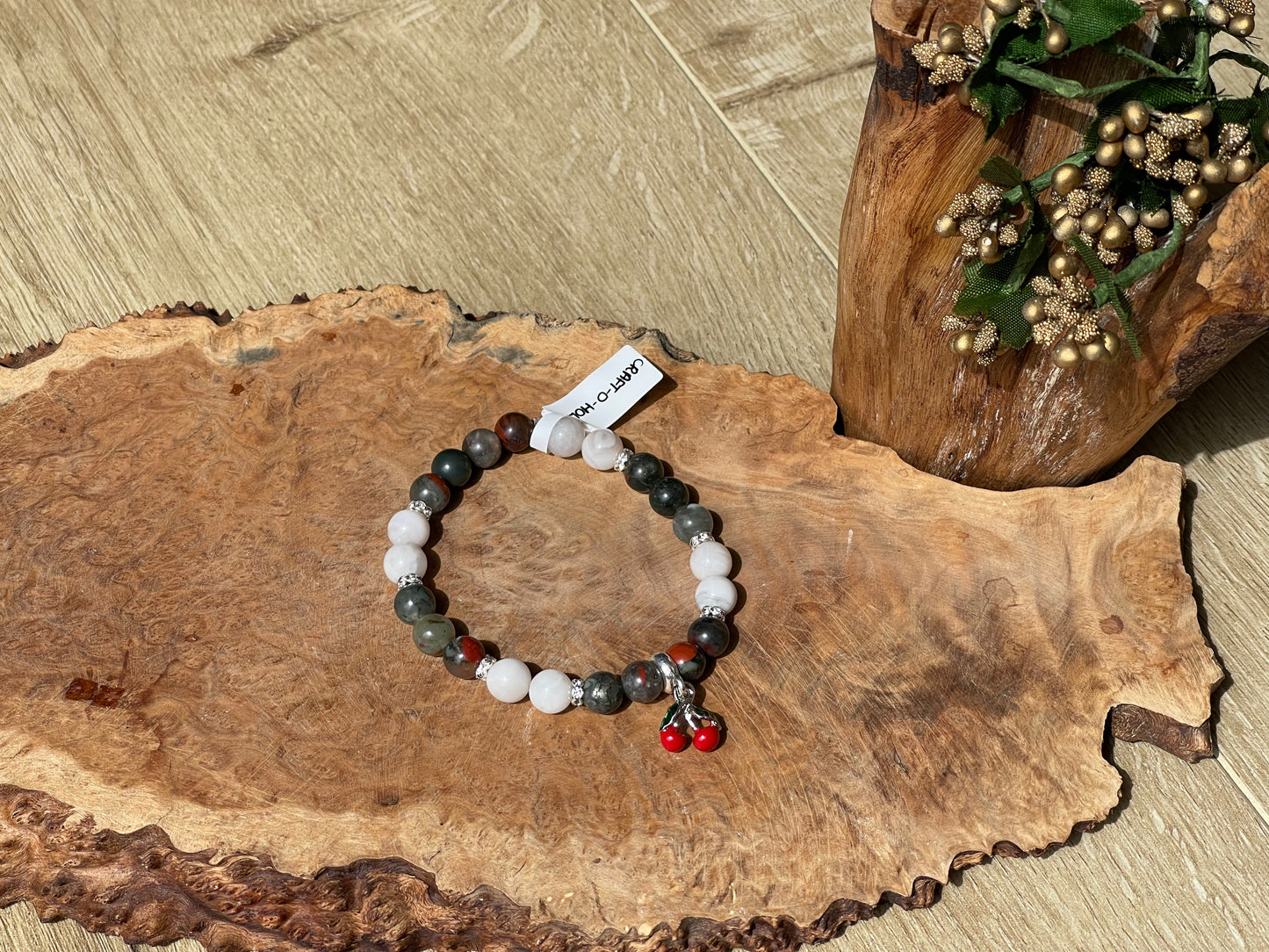 African bloodstone and white agate cherry bracelet