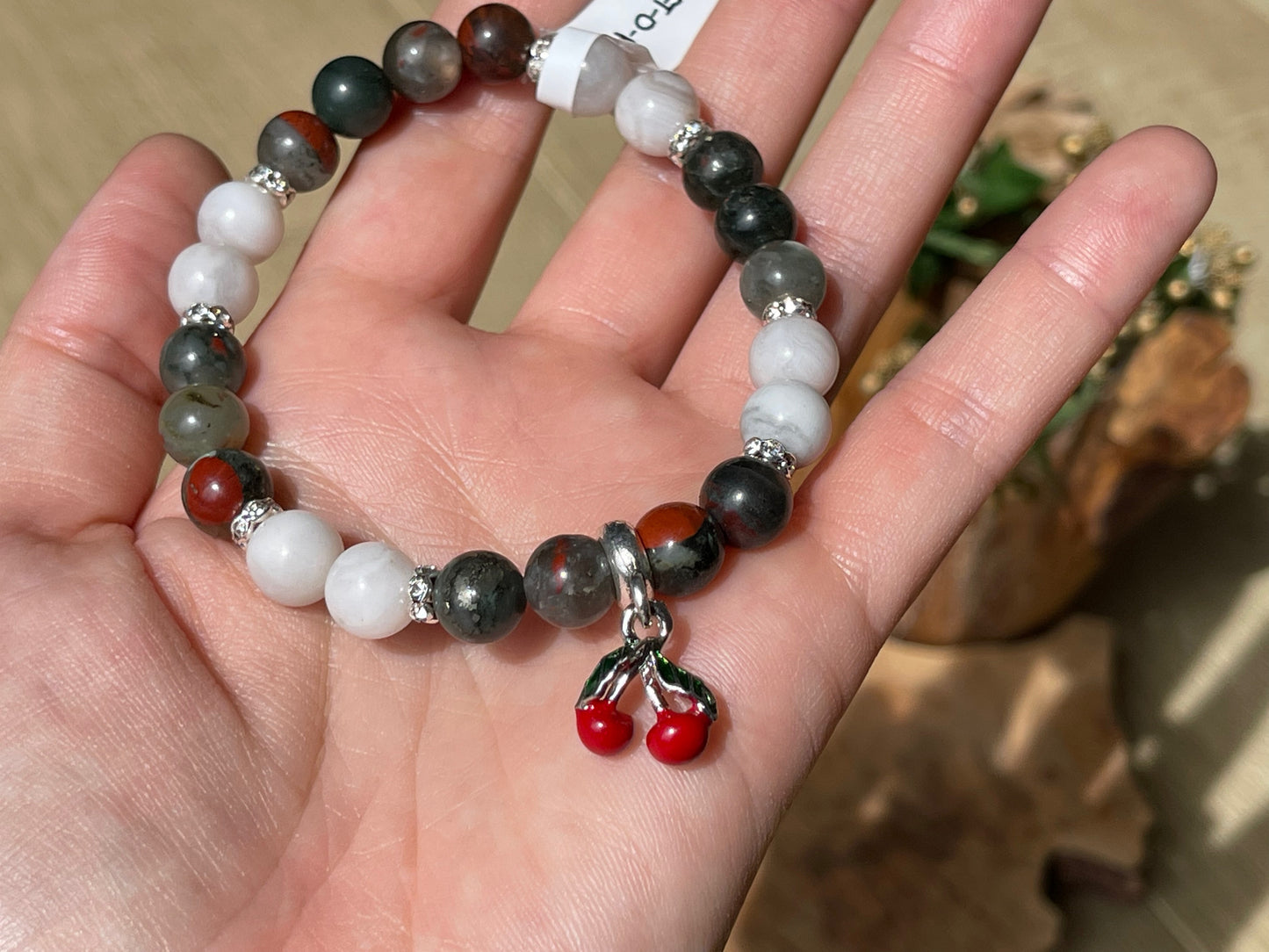 African bloodstone and white agate cherry bracelet