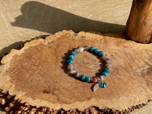 Blue apatite and botswana agate Swarovski heart bracelet