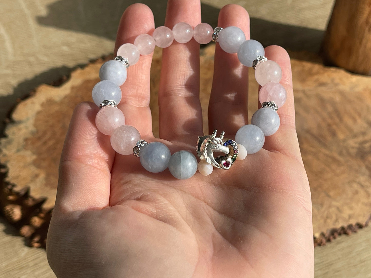 Aquamarine and rose quartz unicorn bracelet