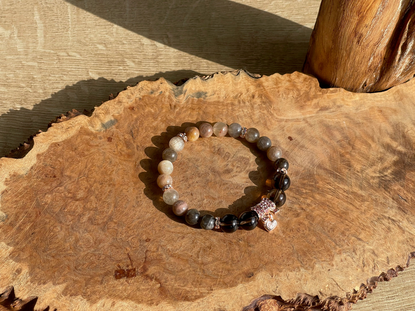 Black moonstone and smokey quartz bow tie bracelet