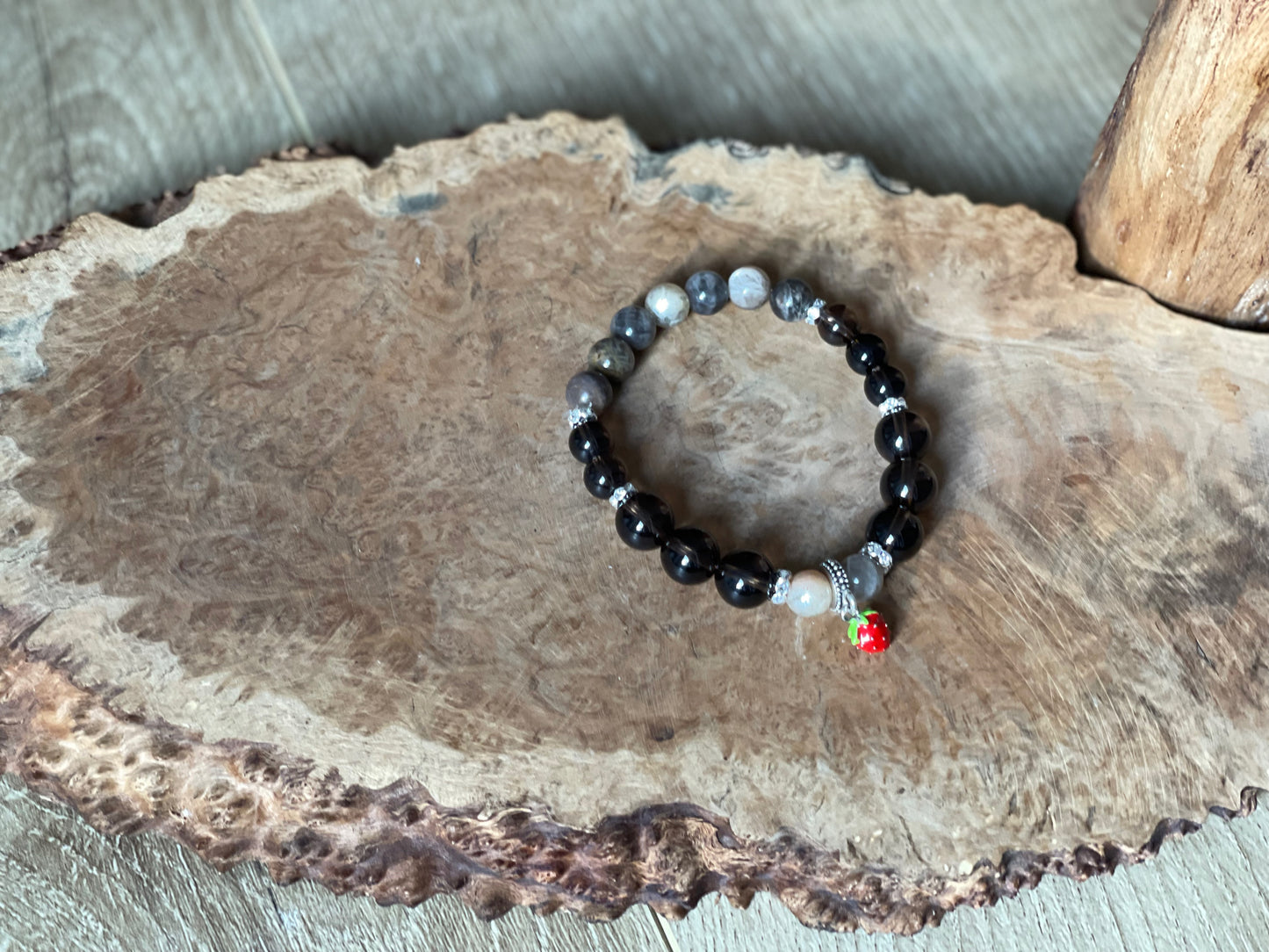 Black moonstone and smokey quartz strawberry bracelet