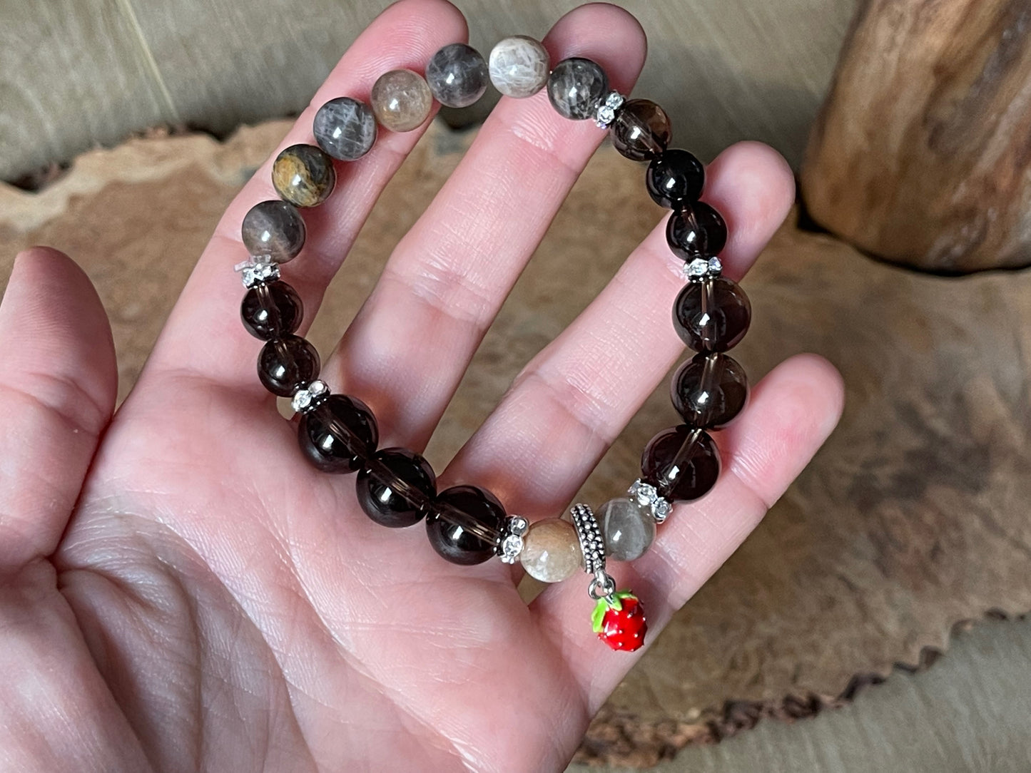 Black moonstone and smokey quartz strawberry bracelet