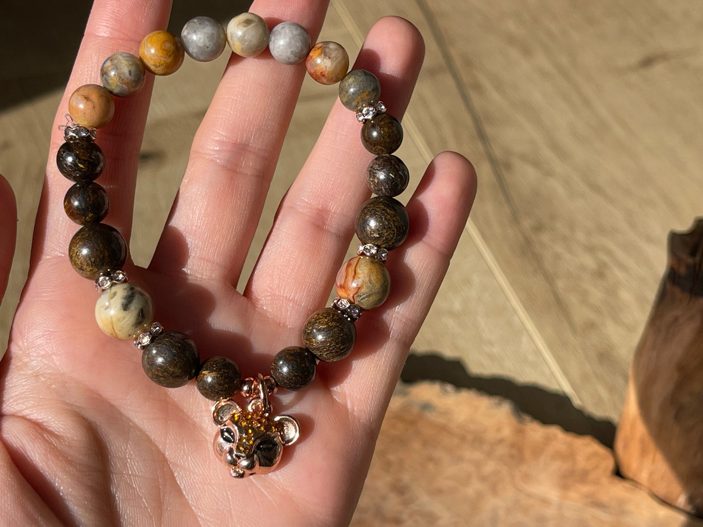 Bronzite and crazy lace agate panther bracelet