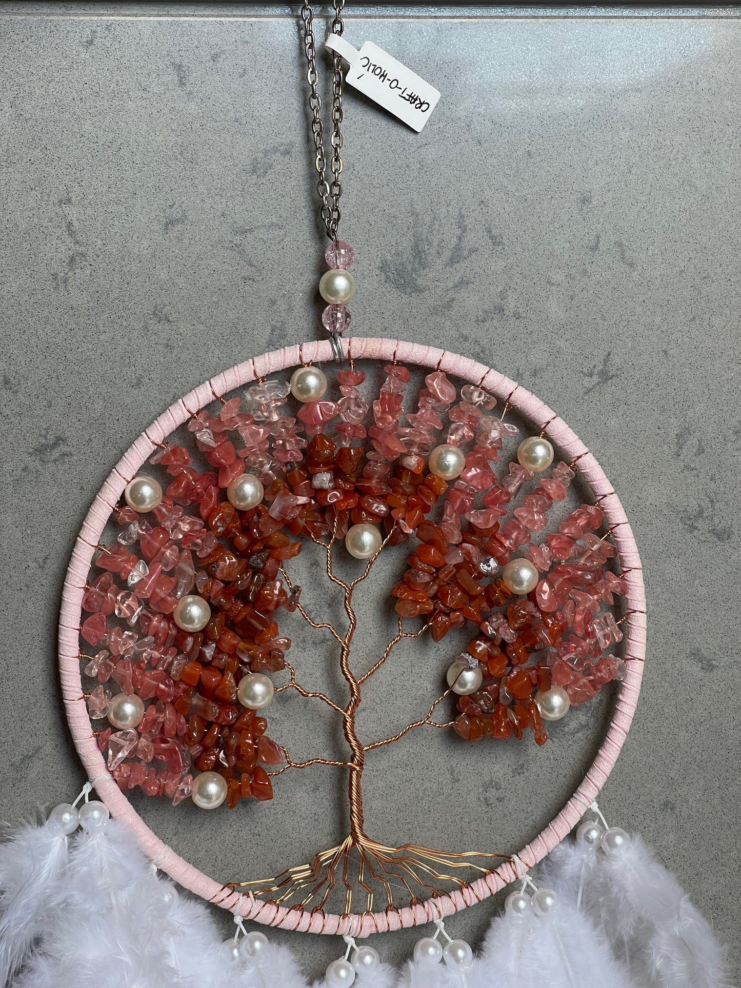 Carnelian and strawberry quartz life tree dreamcatcher