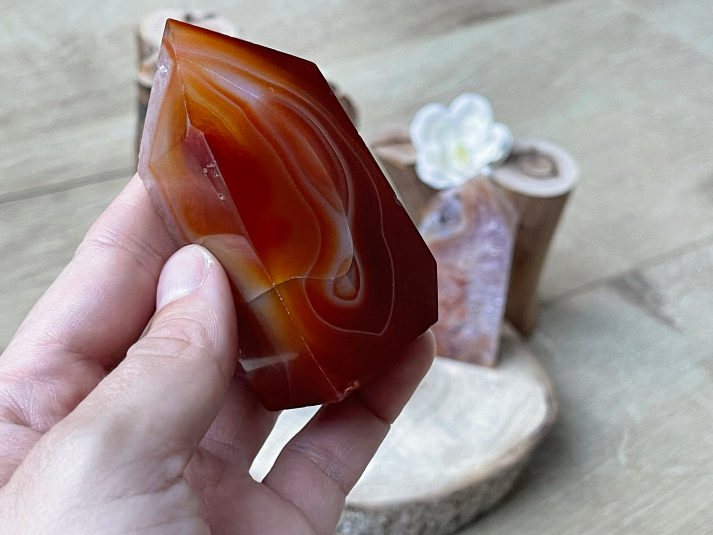 Carnelian tower with amethyst inclusion