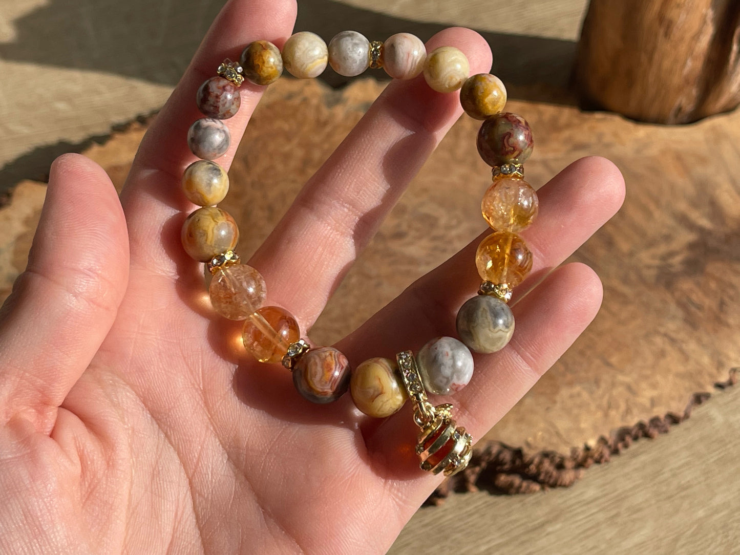 Crazy lace agate and citrine bee bracelet