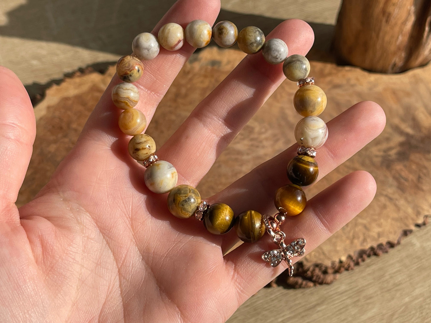 Crazy lace agate and tiger's eye dragonfly bracelet
