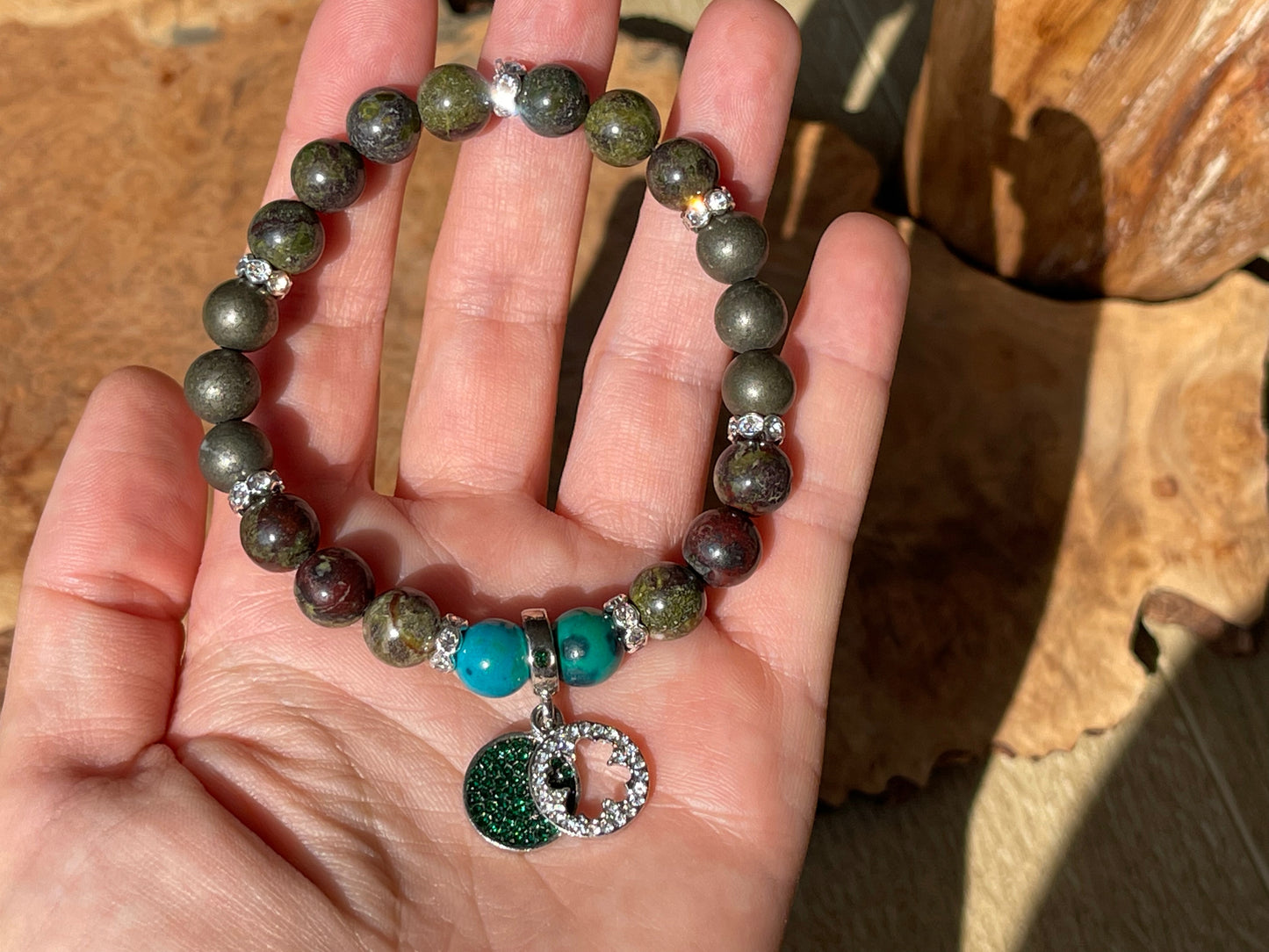Dragon's blood, pyrite and chrysocolla lucky clover bracelet