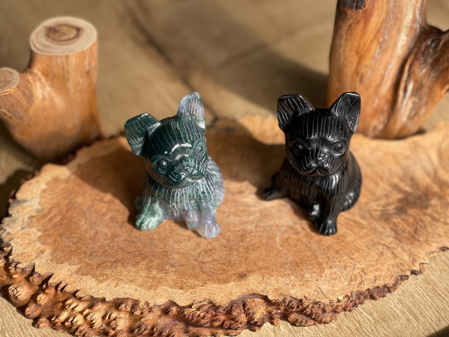 Crystal French bulldog carvings | Moss agate & Black obsidian