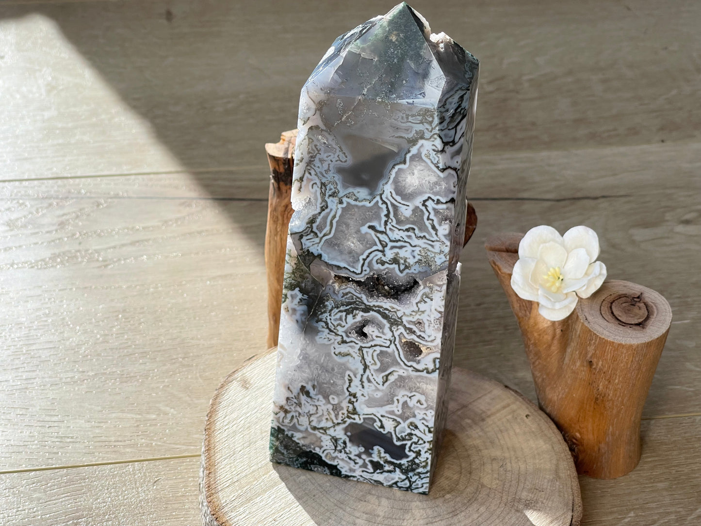 Large moss agate tower with druzy