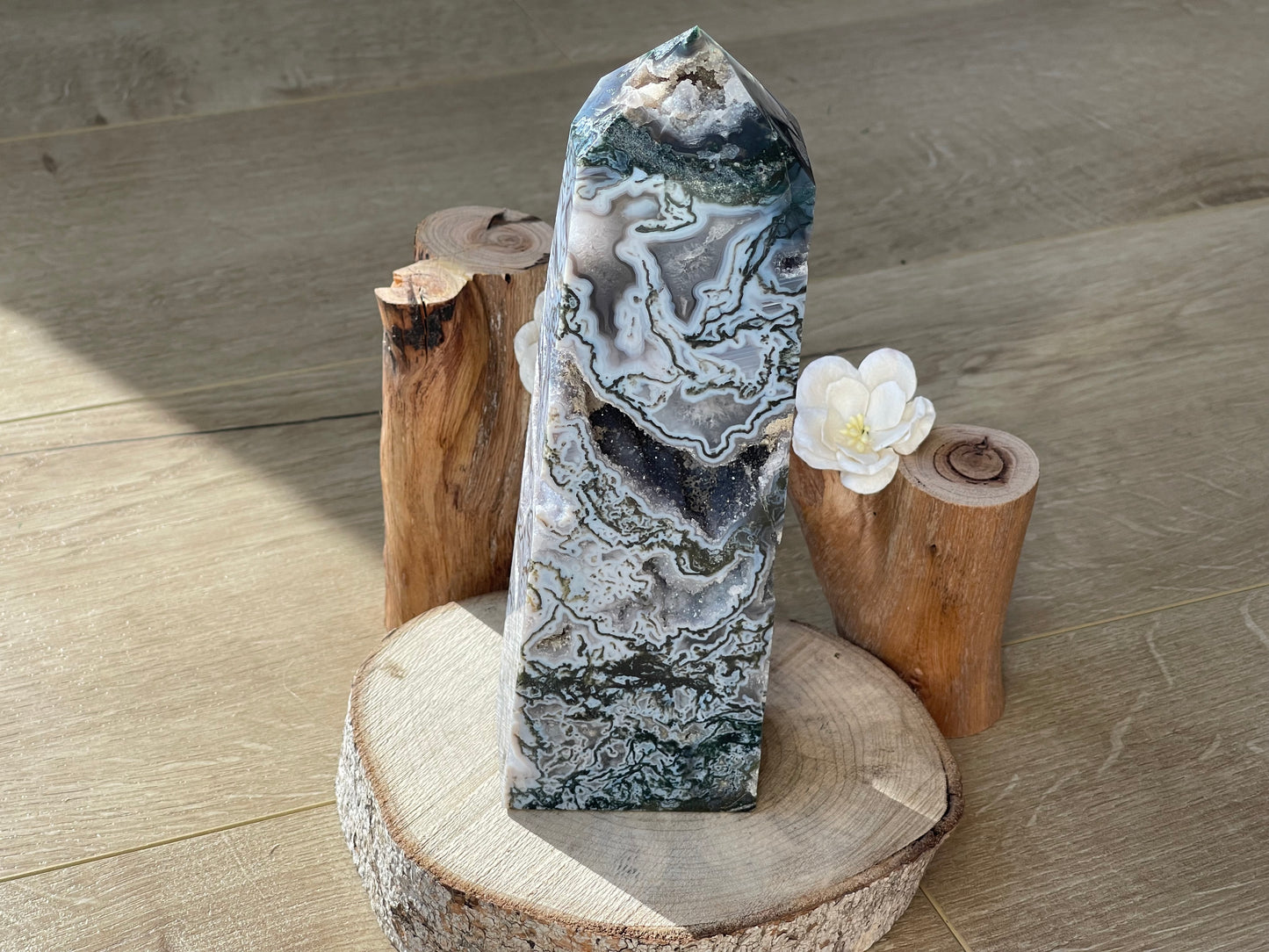Large moss agate tower with druzy