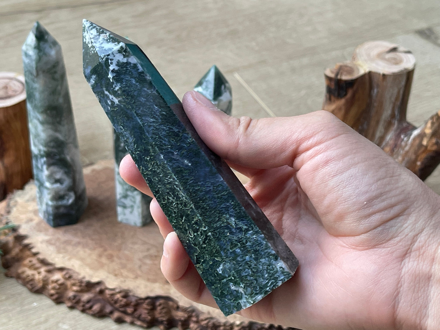 Moss agate large druzy towers