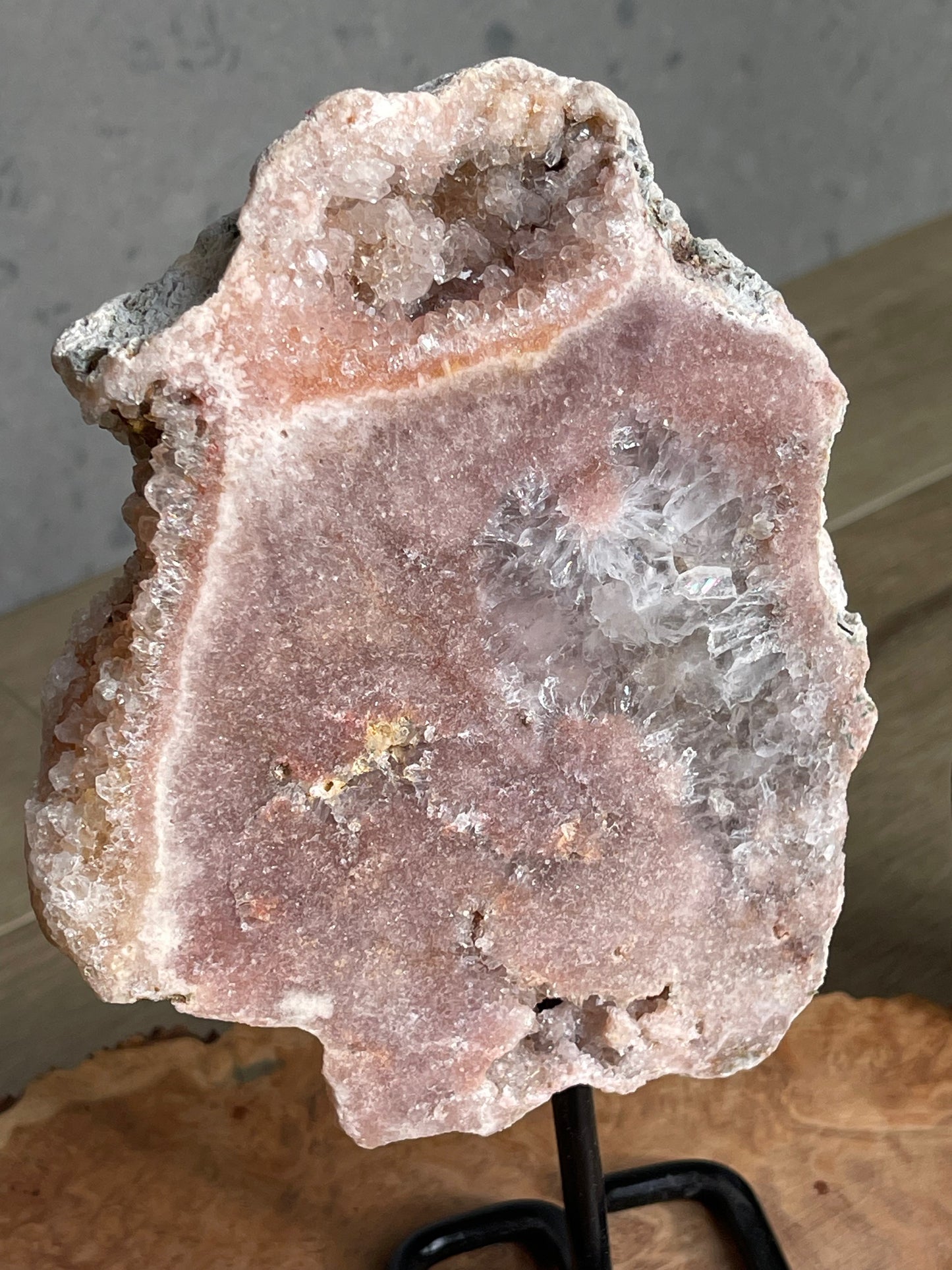 Pink amethyst druzy slab on a stand PB71