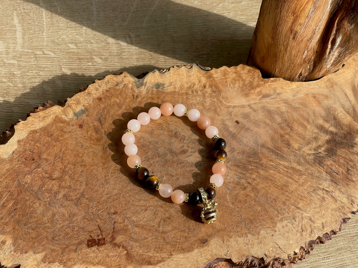 Pink aventurine and tiger's eye bee bracelet