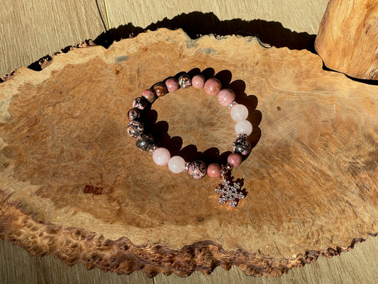 Rhodonite and rose quartz snowflake bracelet